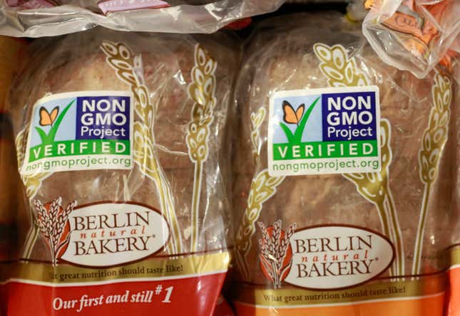 FILE - In this Oct. 5, 2012, file photo. products labeled with Non Genetically Modified Organism (GMO) are sold at the Lassens Natural Foods &amp; Vitamins store in Los Feliz district of Los Angeles. Lawmakers in the European Parliament’s environment committee are backing proposals to relax rules on genetically modified plants produced using so-called new genomic techniques (NGTs). The Committee adopted its position on a European Commission proposal with 47 votes to 31 and 4 abstentions on Wednesday, Jan. 24, 2024 prompting strong criticism from environmental groups. (AP Photo/Damian Dovarganes, File)