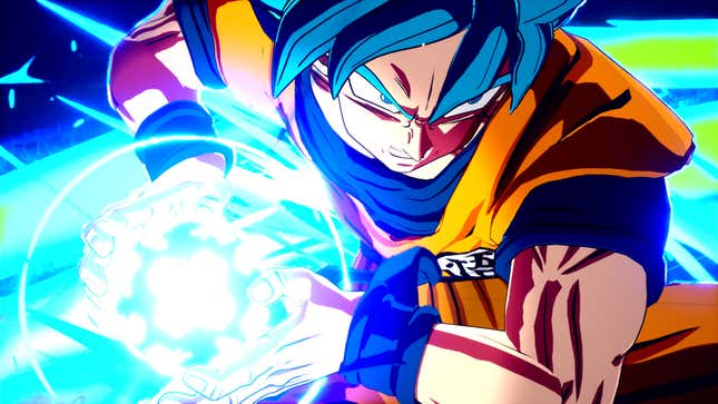 Goku charges up an energy attack.