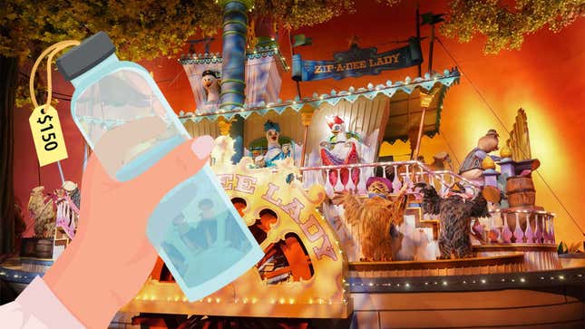 A cartoon hand holds a water bottle in front of a large river boat from Splash Mountain. 