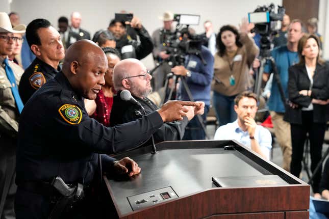 HOUSTON, TEXAS - FEBRUARY 12: Police Chief Troy Finner speaks to the media in the aftermath of the shooting at Lakewood Church during a news conference at police headquarters on Monday, Feb. 12, 2024 in Houston. 