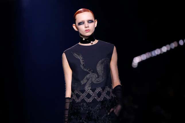 A model presents a creation for Dries Van Noten during the 2016-2017 fall/winter ready-to-wear collection fashion show on March 2, 2016 in Paris. AFP PHOTO / PATRICK KOVARIK / AFP / Patrick KOVARIK (Photo credit should read PATRICK KOVARIK/AFP/Getty Images)