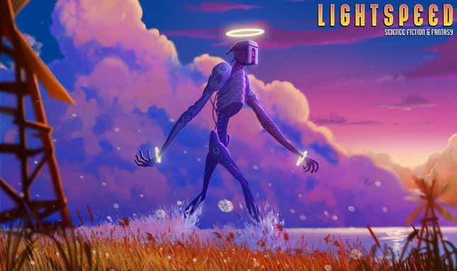 In this sci-fi illustration, a robot with a halo and glowing rings around its wrists strides across a purple and orange landscape.