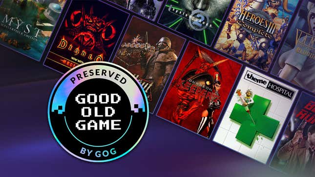 GOG's logo for preserved games, on a background of game covers.