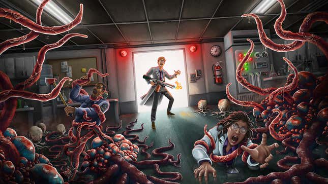 Key art for Demon Spore shows a scientist framed by a doorway holding a flamethrower and looking on in horror as other people are attacked by tentacled monstrosities. 