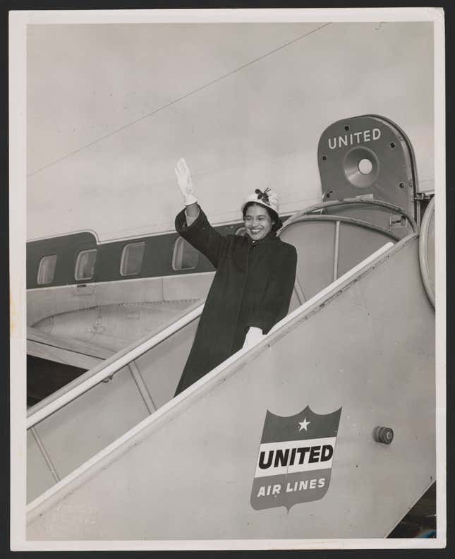 Parks on a United Air Lines jetway in Seattle. 1956.