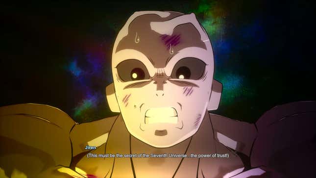 A closeup of Jiren’s face and his shock that trusting others can be a good thing.