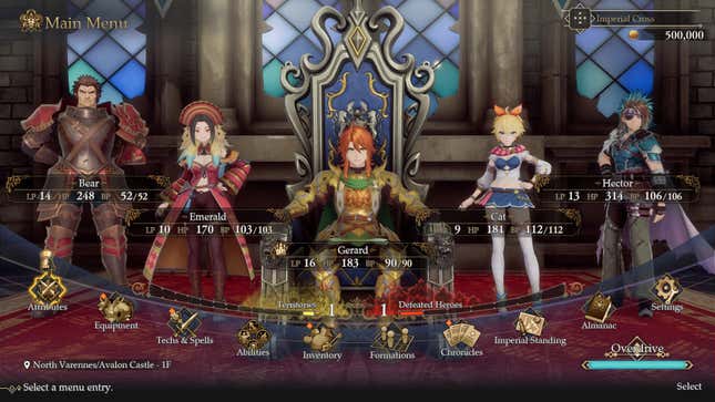 A cast of characters stand in a royal hall.