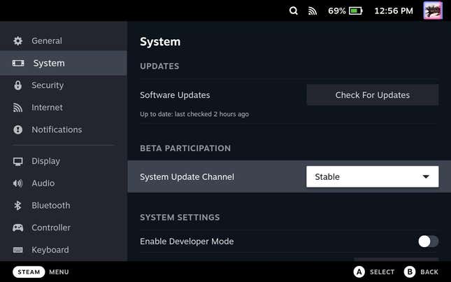 A screenshot of the Steam Deck's settings shows differnet operating system channels.