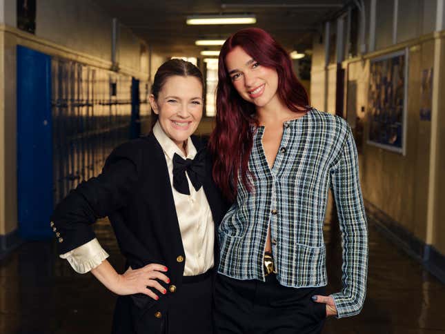 Dua Lipa, right, and Drew Barrymore pose for a portrait on Friday, April 26, 2024, in New York. (Photo by Drew Gurian/Invision/AP)