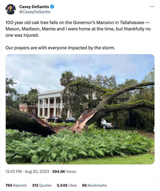 A tweet from the First Lady of Florida of the tree that hit the Governor’s Tallahassee home this week.