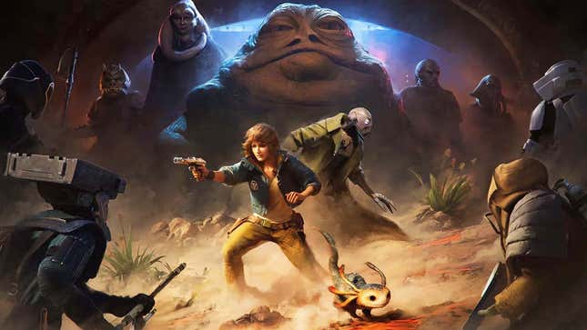 An image shows Star Wars characters in front of Jabba the Hutt. 