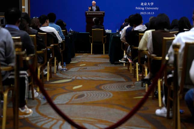 EU foreign policy chief Josep Borrell delivers a speech at Peking University in Beijing, Friday, Oct. 13, 2023. The European Union&#39;s top foreign policy official warned Friday that public sentiment in Europe could turn more protectionist if the region&#39;s trade deficit with China is not reduced.(AP Photo/Ng Han Guan)