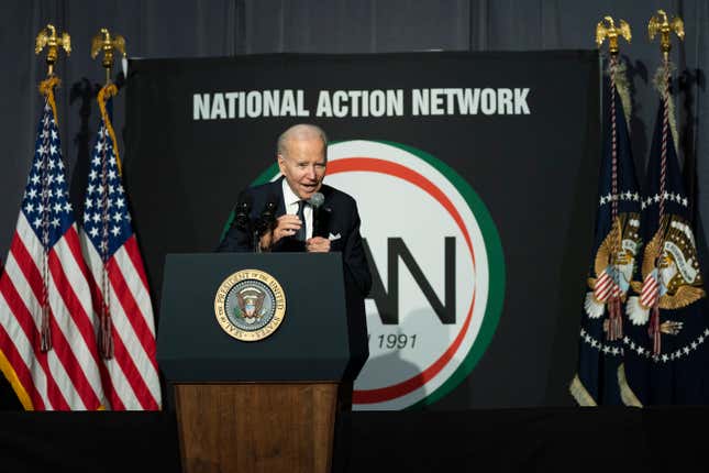 President Joe Biden speaks at the National Action Network’s Martin Luther King, Jr., Day breakfast, Monday, Jan. 16, 2023, in Washington.