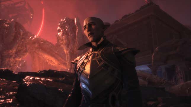 Solas looks at something offscreen as the plague ravages the city behind him.