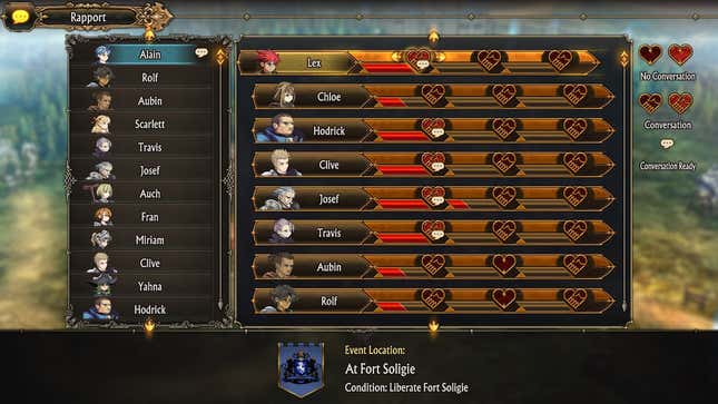 Rapport screen in Unicorn Overlord showing character affinity with each other