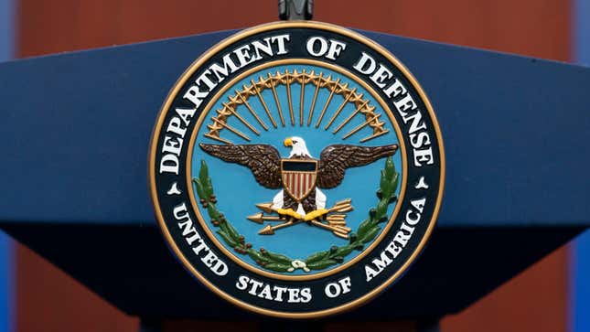 The seal of the Department of Defense is seen on a podium ahead of a media briefing at the Pentagon, Tuesday, Sept. 27, 2022, in Washington.