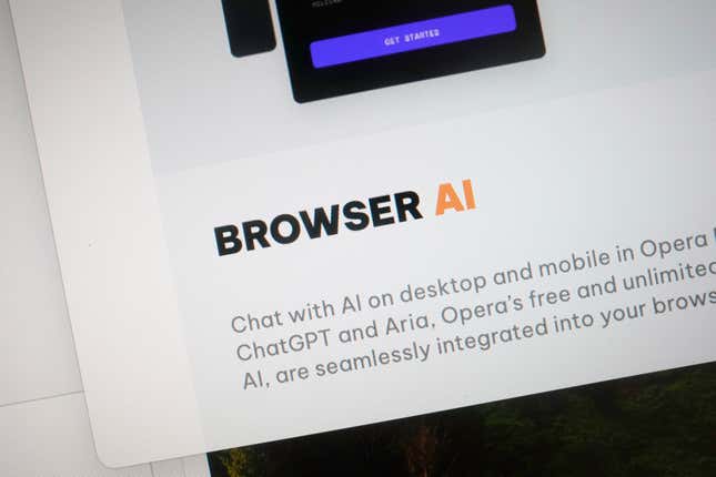 A portion of a Opera page showing the incorporation of AI technology is shown in London, Tuesday, Feb. 13, 2024. The rise of generative AI chatbots is giving people new and different ways to look up information. (AP Photo/Alastair Grant)