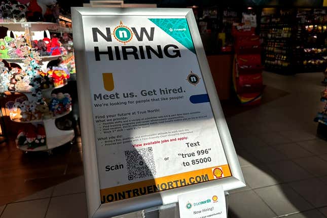 A hiring sign is displayed at a convenience store in Buffalo Grove, Ill., Monday, Feb. 12, 2024. On Thursday, Feb. 15, 2024 the Labor Department reports on the number of people who applied for unemployment benefits last week. (AP Photo/Nam Y. Huh)