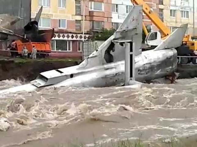 Flood Washes Away Fighter Jet In Russia