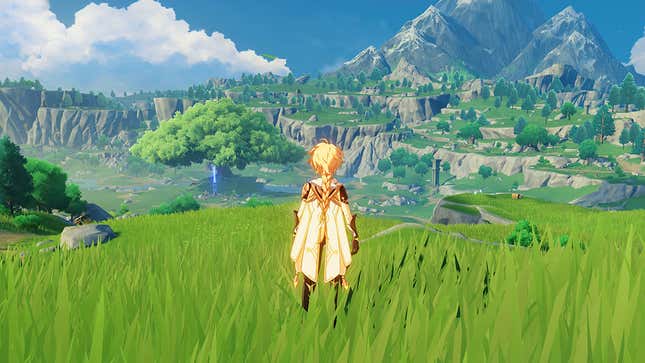 A screenshot of Aether looking out into the mountains in Genshin Impact.