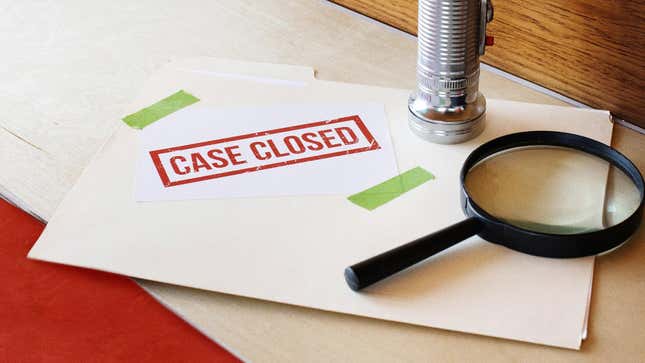 A manila folder with the words "Case Closed" is shown along with a magnifying glass and a flashlight.