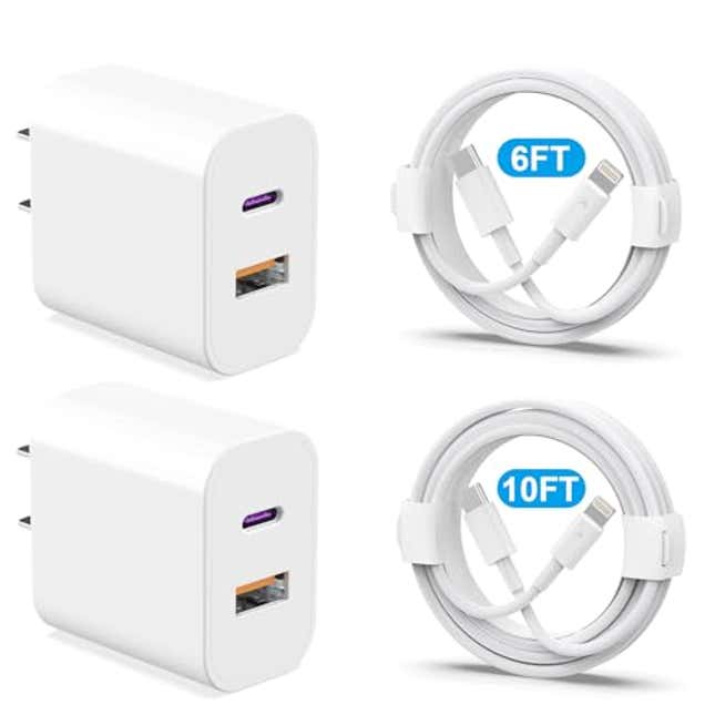 Image for article titled Phone Charger 2 Pack [MFi Certified] 20W Dual Port QC + PD 3.0 Power Adapter Fast Wall Charger Block with 6FT&amp;10FT Type C to Lightning Cable for iPhone 14 13 12 11 Pro Max XR XS X, Now 57% Off