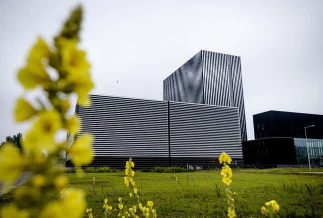 exterior of silver buildings that look like a filter, yellow flowers are in the foreground