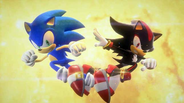 Sonic und Shadow springen vor den Mond.