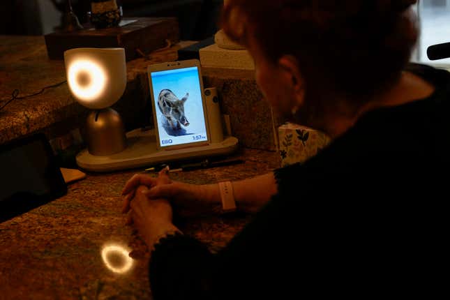 Deanna Dezern, 83, interacts with her ElliQ, a tabletop device that uses artificial intelligence to conduct human-like conversations, inside her home in Tamarac, Fla., Thursday, Dec. 7, 2023. Dezern is among the first in the country to receive the robot ElliQ, whose creators, Intuition Robotics, and senior assistance officials say is the only device using artificial intelligence specifically designed to lessen the loneliness and isolation experienced by many older Americans. (AP Photo/Rebecca Blackwell)