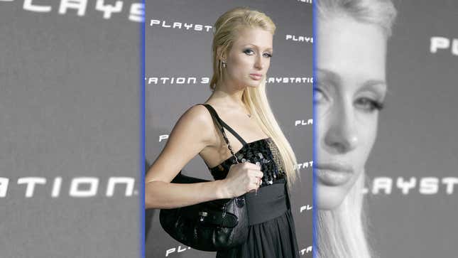 Paris Hilton stands on the PS3 red carpet.