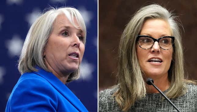 FILE - This combo images shows New Mexico Gov. Michelle Lujan Grisham, left, and Arizona Gov. Katie Hobbs, right. Trade missions took Lujan Grisham and counterpart Hobbs to the self-governing island of Taiwan that China would like to see reunited with the mainland. (AP Photo, File)