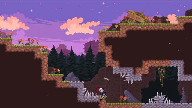 The knight swings his heavy sword at the bottom of a pixel platform world.