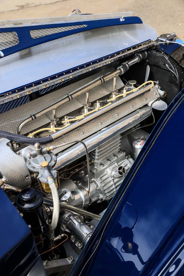 Engine compartment of a dark blue 1937 Bugatti Type 57SC Atalante