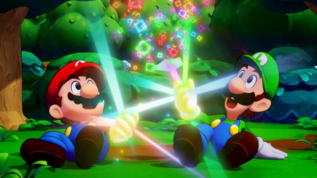 Mario and Luigi hold up glowing hands 