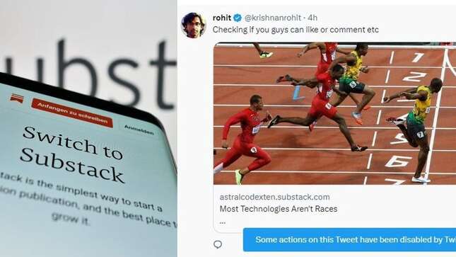 Mobile phone with webpage of US subscription company Substack Inc. on screen in front of business logo next to Tweet with error message