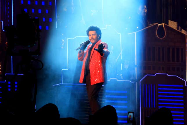 TAMPA, FLORIDA - FEBRUARY 07: The Weeknd performs during the Pepsi Super Bowl LV Halftime Show at Raymond James Stadium on February 07, 2021 in Tampa, Florida. (Photo by Mike Ehrmann/Getty Images