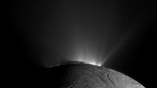 A view of the geyser basin at the south pole of Enceladus taken by.Cassini’s narrow-angle camera.