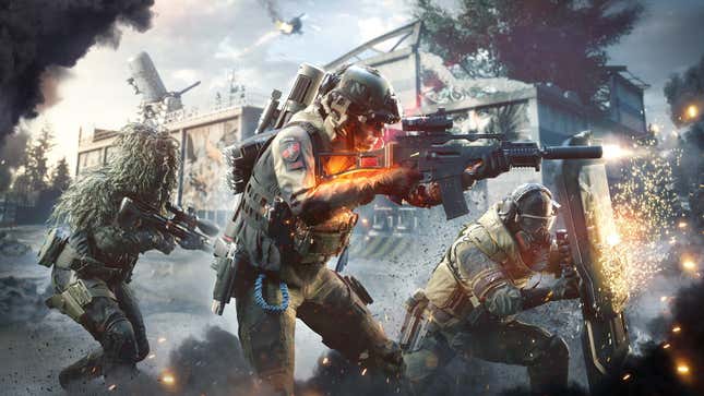 An image shows soldiers in Battlefield 2042 fighting and shooting. 