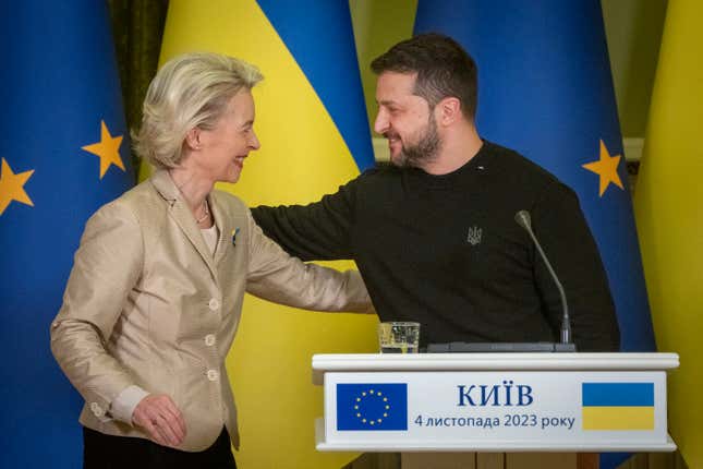 Ukrainian President Volodymyr Zelenskyy, right, and European Commission President Ursula von der Leyen attend a press conference in Kyiv, Ukraine, Saturday, Nov. 4, 2023. (AP Photo/Efrem Lukatsky)