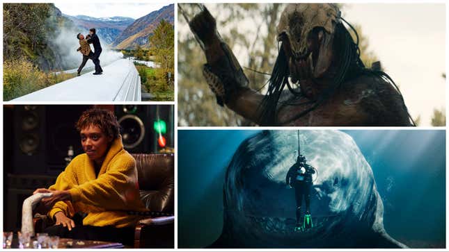 Clockwise from top left: Mission: Impossible — Dead Reckoning Part One (Paramount), Prey (Hulu), Meg 2: The Trench (Warner Bros.), Talk To Me (A24)