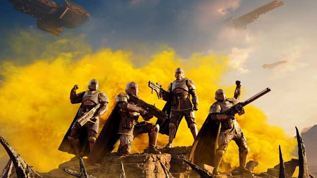 A squad of soldiers emoting and posing like really cool guys from Helldivers 2's key art.