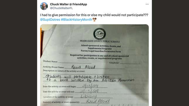 Image for article titled In Florida, Children Now Need Permission Slips to Hear Black People Talk? Parent Is Outraged