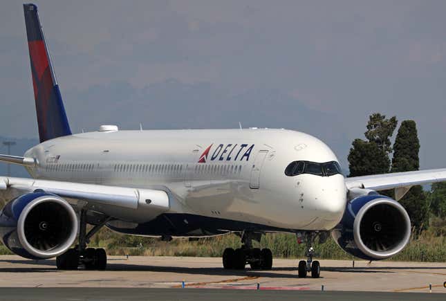 An Airbus A350-941 belonging to Delta Air Lines is preparing to take off on the runway at Barcelona-El Prat Airport in Barcelona, Spain, on May 1, 2024.