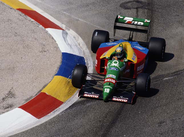 Alessandro Nannini drives the #19 Formula Benetton B189 Ford HB3.5 V8 during the 1989 Rhone-Poulenc French Grand Prix at the Circuit Paul Ricard.