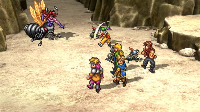 An image of Suikoden's battle system showcasing five of its characters battling a human/insect hybrid enemy.