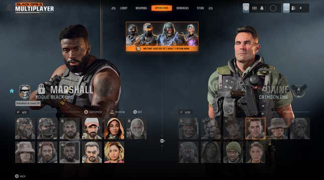 A screenshot shows the Operators screen with Marshall and Caine highlighted.