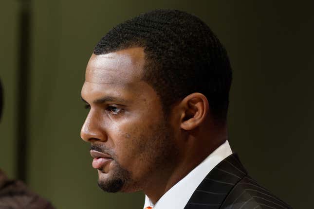 Cleveland Browns new quarterback Deshaun Watson speaks during a news conference at the NFL football team’s training facility, Friday, March 25, 2022, in Berea, Ohio.