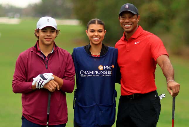 Tiger Woods, Charlie Woods and Sam Woods of the United States during the final round of the PNC Championship at The Ritz-Carlton Golf Club on December 17, 2023 in Orlando, Florida. 