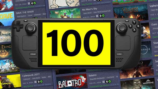 An image shows a Steam Deck in front of a list of games with "100" on the screen. 