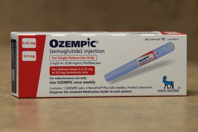 Novo Nordisk A/S Ozempic brand semaglutide medication arranged at a pharmacy in Provo, Utah, US, on Monday, Nov. 27, 2023. 